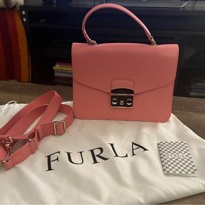 Furla top handle purse, with detachable step and duster bag.